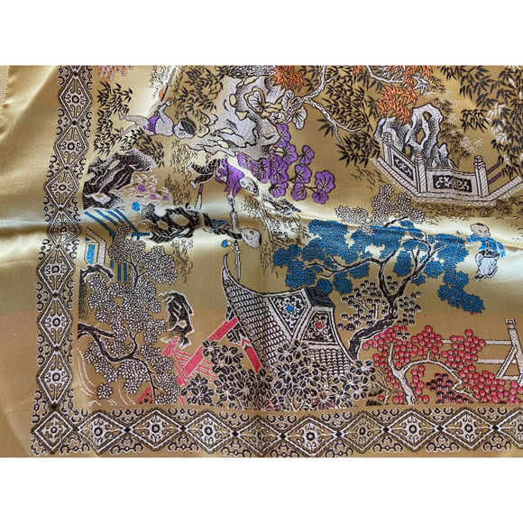 Vintage Asian Tapestry Brocade Piano Shawl Gold Chinese 48" Tablecloth Excellent - Picture 3 of 12